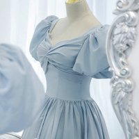 Blue satin long A line prom dress blue evening dress - Thumbnail 2