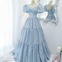 Blue satin long A line prom dress blue evening dress - Thumbnail 5