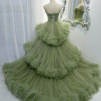 Green Tulle Long A Line Prom Dress Green Evening Dress - Thumbnail 5