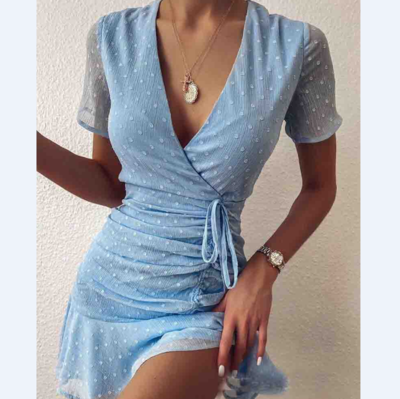 V-Neck Women'S Short-Sleeved Blue Dress