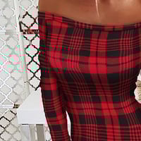 Long Sleeve Checked Print One-Shoulder Dress - Thumbnail 1