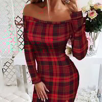 Long Sleeve Checked Print One-Shoulder Dress - Thumbnail 2