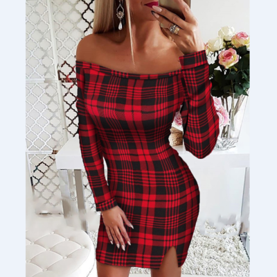 Long Sleeve Checked Print One-Shoulder Dress