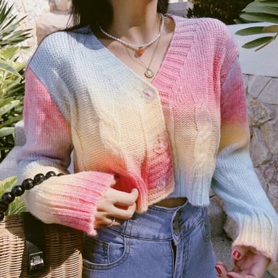 V-neck tie-dye color block gradient sweater knit cardigan
