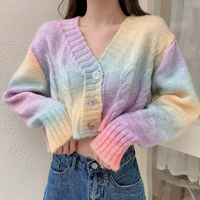 V-neck Tie-dye Color Block Gradient Sweater Knit Cardigan - Thumbnail 2