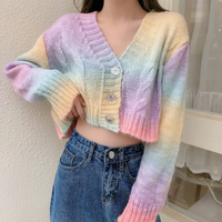 V-neck Tie-dye Color Block Gradient Sweater Knit Cardigan - Thumbnail 3