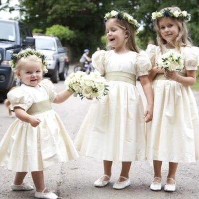 Tea length round neck satin flower girl dresses
