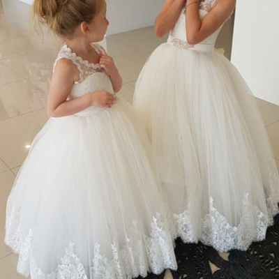 Cute ball gown open back flower girl dress with lace