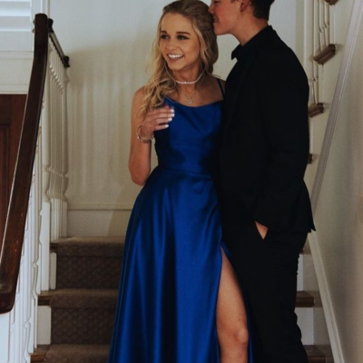 A-line scoop neck satin prom evening dress - Thumbnail 4