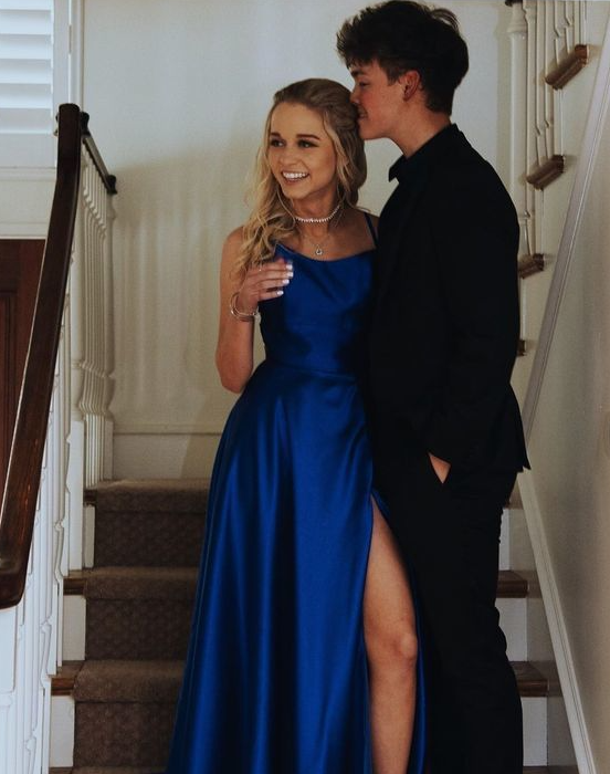 A-Line Scoop Neck Satin Prom Evening Dress