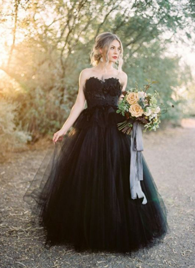 A-Line Sweetheart Tulle Black Prom Wedding Dresses,Lace Wedding Gowns