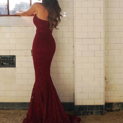 Sweetheart burgundy lace mermaid prom dresses - Thumbnail 3