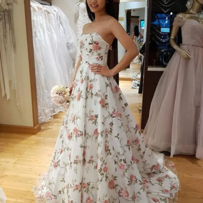 A line sweetheart custom made long prom dress with 3d appliques - Thumbnail 2