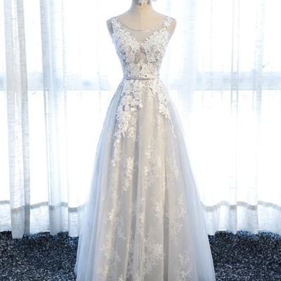 A line round neck sleeveless lace prom dresses, formal dresses - Thumbnail 3