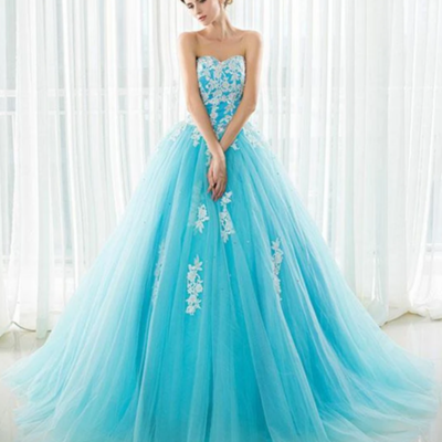 Sweetheart tulle long prom dress with white appliques, - Thumbnail 3