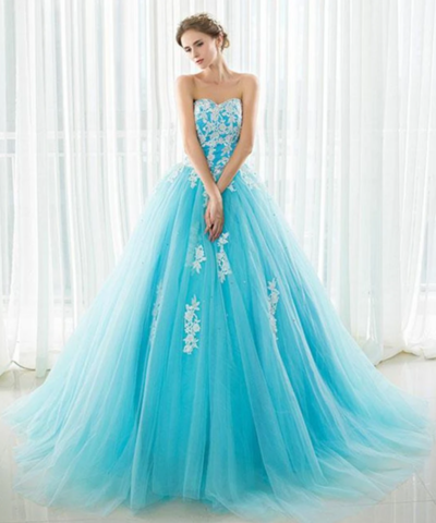 Sweetheart Tulle Long Prom Dress with White Appliques,