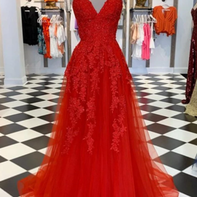 Spaghetti straps v neck red lace long prom dress,formal dress - Thumbnail 2