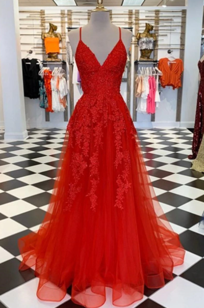Spaghetti Straps V Neck Red Lace Long Prom Dress,Formal Dress