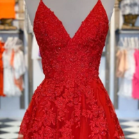 Spaghetti Straps V Neck Red Lace Long Prom Dress,Formal Dress - Thumbnail 1