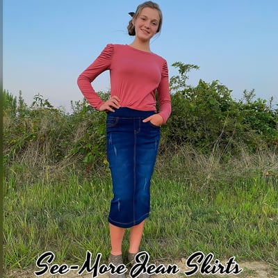 Classic comfort distressed & pleats mid length denim skirt