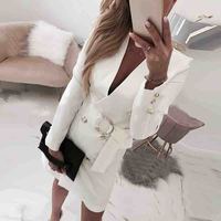 Solid Color White V-Neck Slim Long Sleeve Dress - Thumbnail 1
