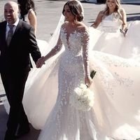 Gorgeous Mermaid Sheer Neck Long Sleeve White Wedding Dresses with Train,1073 - Thumbnail 1