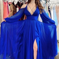 Chic A-Line Long Sleeve Royal Blue Chiffon Long Prom Dresses with Slit,1076 - Thumbnail 1