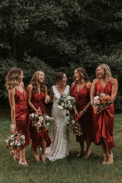 A-Line V Neck Silk Satin Tea Length Boho Bridesmaid Dress,1077