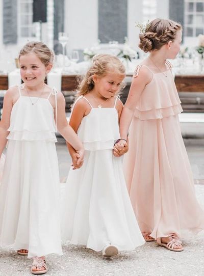 Simple A-Line Spaghetti Straps White Pink Chiffon Flower Girl Dress,1078