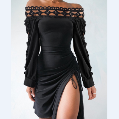 Women'S Lace One-Shoulder Long Sleeve Split Dress