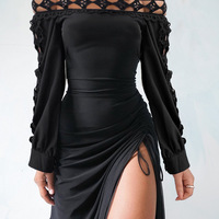 Women'S Lace One-Shoulder Long Sleeve Split Dress - Thumbnail 2