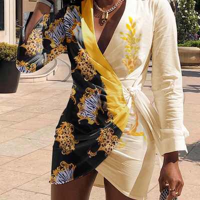 Sexy print stitching long sleeve high waist dress