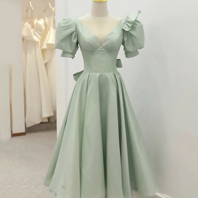 Green satin short a line prom dress party dress - Thumbnail 3