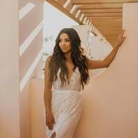 Charming Mermaid V Neck White Lace Boho Wedding Dresses with Front Slit - Thumbnail 2