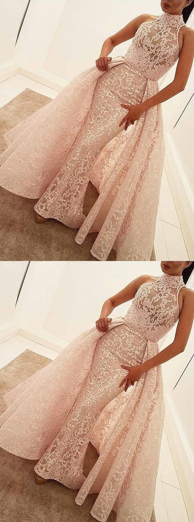 Mermaid High Neck Court Train Detachable Champagne Lace Prom Dress，552