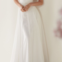 White Chiffon Lace Appliques Wedding Dress Off Shoulder Spaghetti Straps Sheath Bridal Dress Long Prom Dress，555 - Thumbnail 1