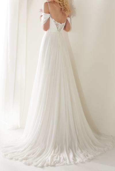 White Chiffon Lace Appliques Wedding Dress Off Shoulder Spaghetti Straps Sheath Bridal Dress Long Prom Dress，555