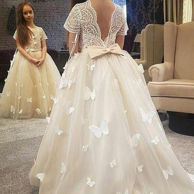 Appliqued lace top flower girl dress with bow/train，557