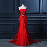 One Shoulder Prom Dress with Beaded Flowers, Unique Red Prom Gowns, Mermaid Chiffon Prom Dress with Cut-out,561 - Thumbnail 1