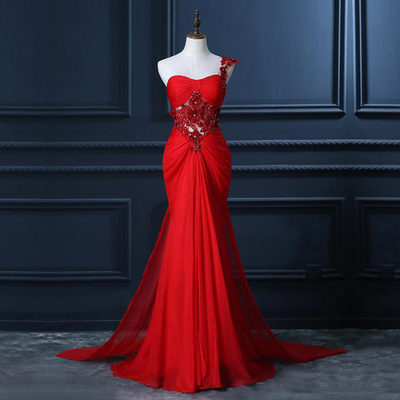 One Shoulder Prom Dress with Beaded Flowers, Unique Red Prom Gowns, Mermaid Chiffon Prom Dress with Cut-out,561