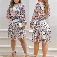Irregular High-Neck Long-Sleeved Printed Dress - Thumbnail 2