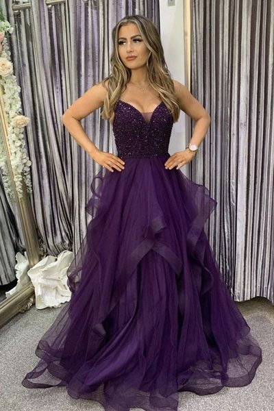 Exquisite A-Line V Neck Grape Tulle Prom Evening Dresses with Beading,1086