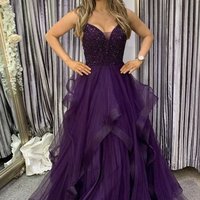 Exquisite A-Line V Neck Grape Tulle Prom Evening Dresses with Beading,1086 - Thumbnail 2