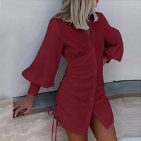 Long Sleeve Women'S Solid Color V-Neck Sexy Bag Hip Dress - Thumbnail 1