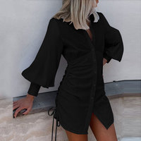 Long Sleeve Women'S Solid Color V-Neck Sexy Bag Hip Dress - Thumbnail 2