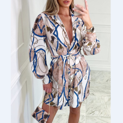Fashion printed high waist long sleeve dress