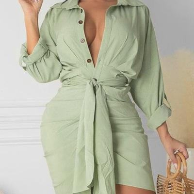 Women's solid color fashion casual v-neck long-sleeved dress