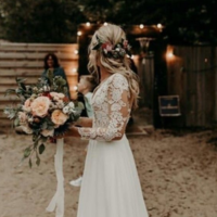 Beauty V Neck Lace Wedding Dresses with Sleeves - Thumbnail 1