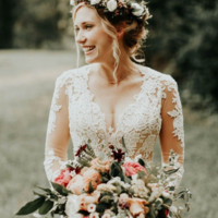 Beauty V Neck Lace Wedding Dresses with Sleeves - Thumbnail 2