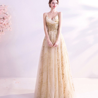 Elegant tulle sequins long A line prom dress evening dress - Thumbnail 2